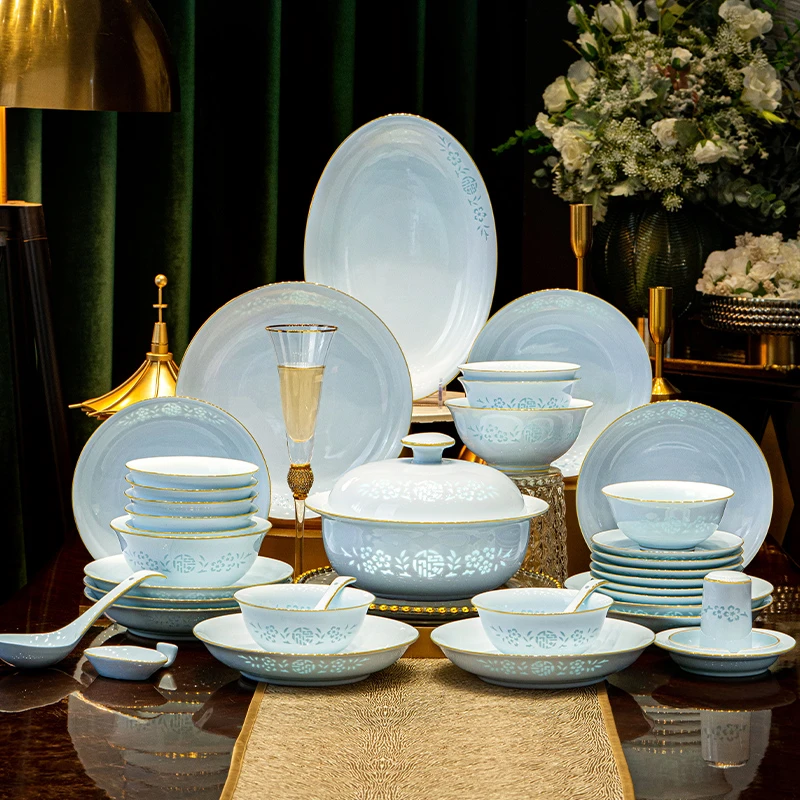 景德镇玲珑福字玲珑吉祥如意高白瓷描金高端正宗景德镇餐具套装