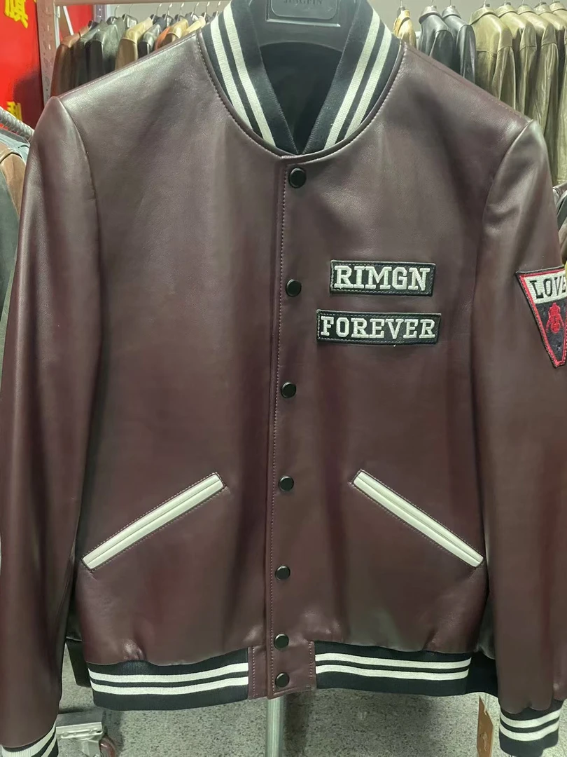 绵羊男士酒红重工棒球夹克