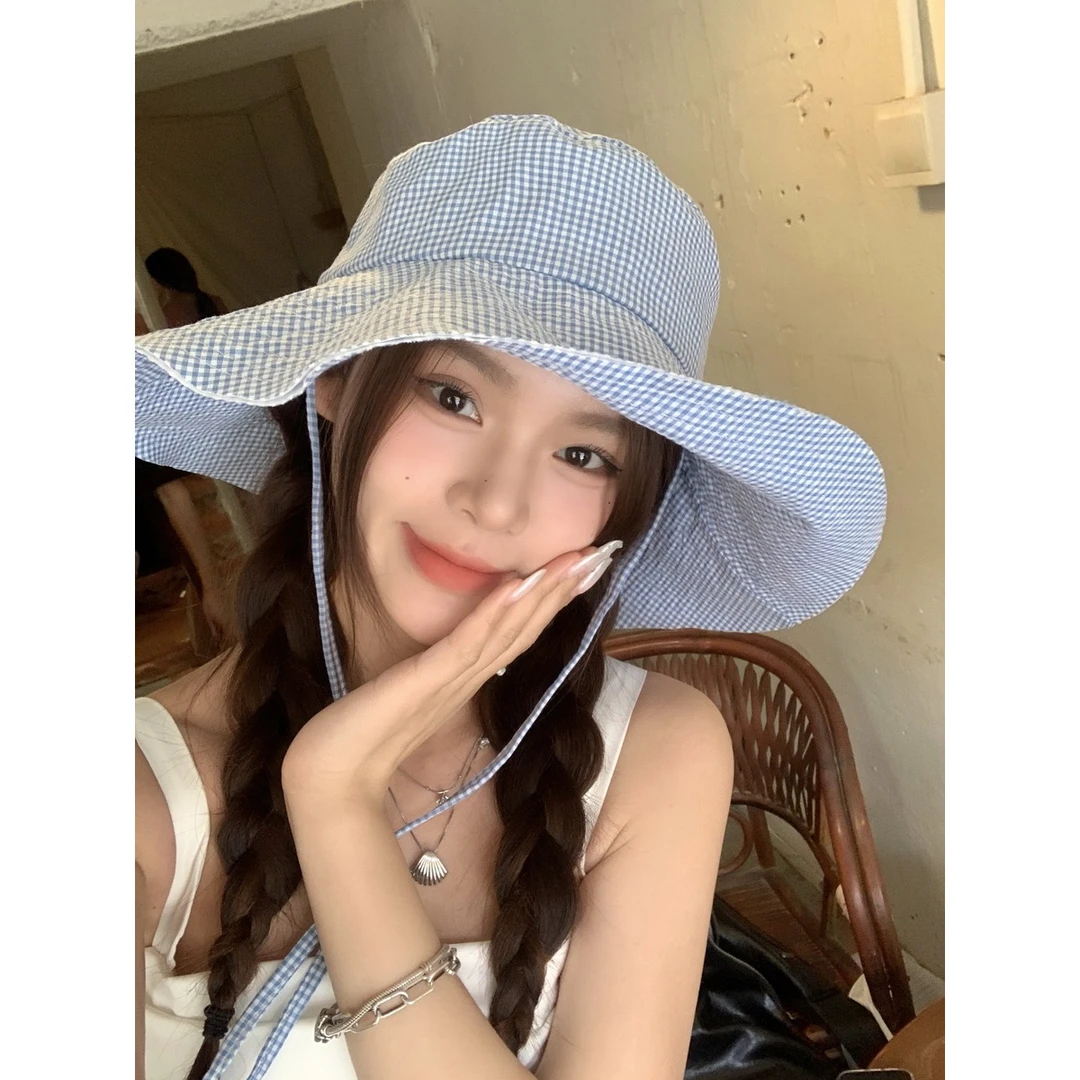 Double11 夏季出游百搭格纹大帽檐渔夫帽子女遮阳防晒显脸小盆帽