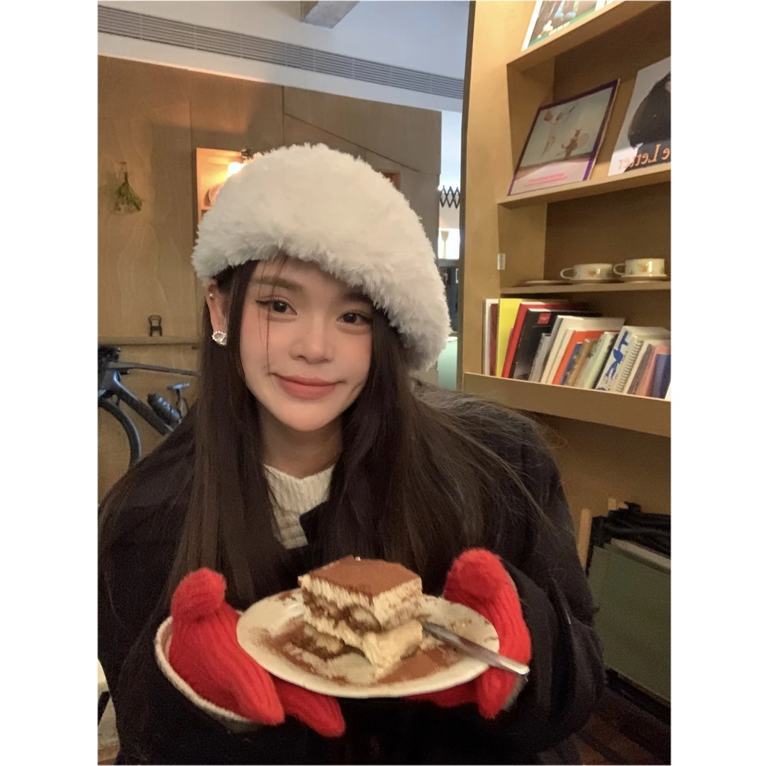 Double11 日系百搭毛绒绒贝雷帽女秋冬新款复古风保暖画家帽