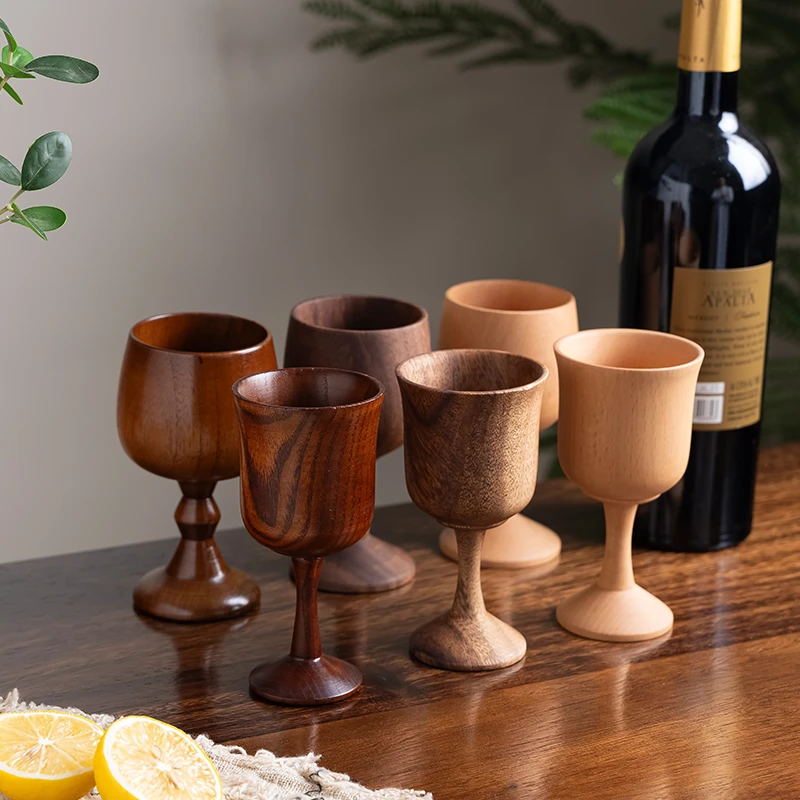 精美 ins风木杯子创意高脚实木防摔红酒杯木制日式商用古典实心