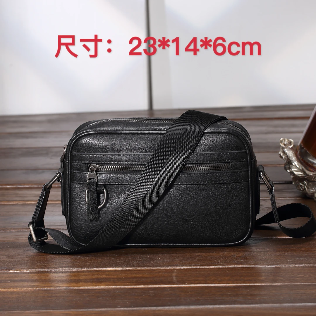 男士真皮单肩斜挎包横款邮差包黑色商务潮流通勤多功能简约斜跨包