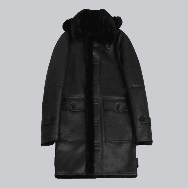 2560黑直加厚原生态真皮真毛皮毛一体外套男时尚大衣冬厚羊皮毛