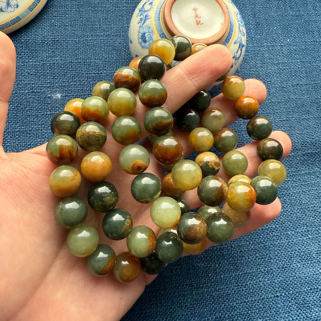 和田玉多宝手串聚宝盆手串带皮单圈手串12MM直径多样性发货一个