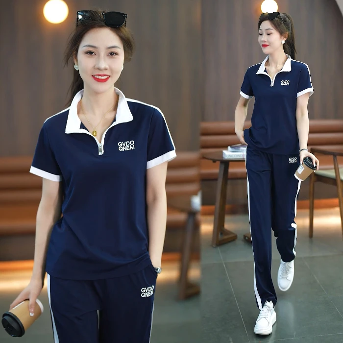 休闲运动服套装女2023夏季新款女装显瘦立时尚领宽松减龄两件套