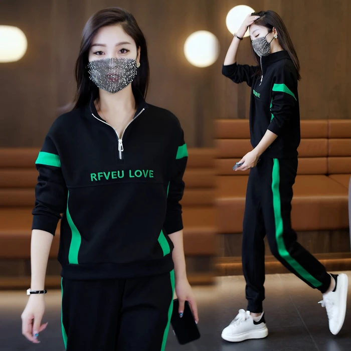 休闲运动套装2023春秋新款女时尚立领洋气拼接显瘦卫衣卫裤两件套