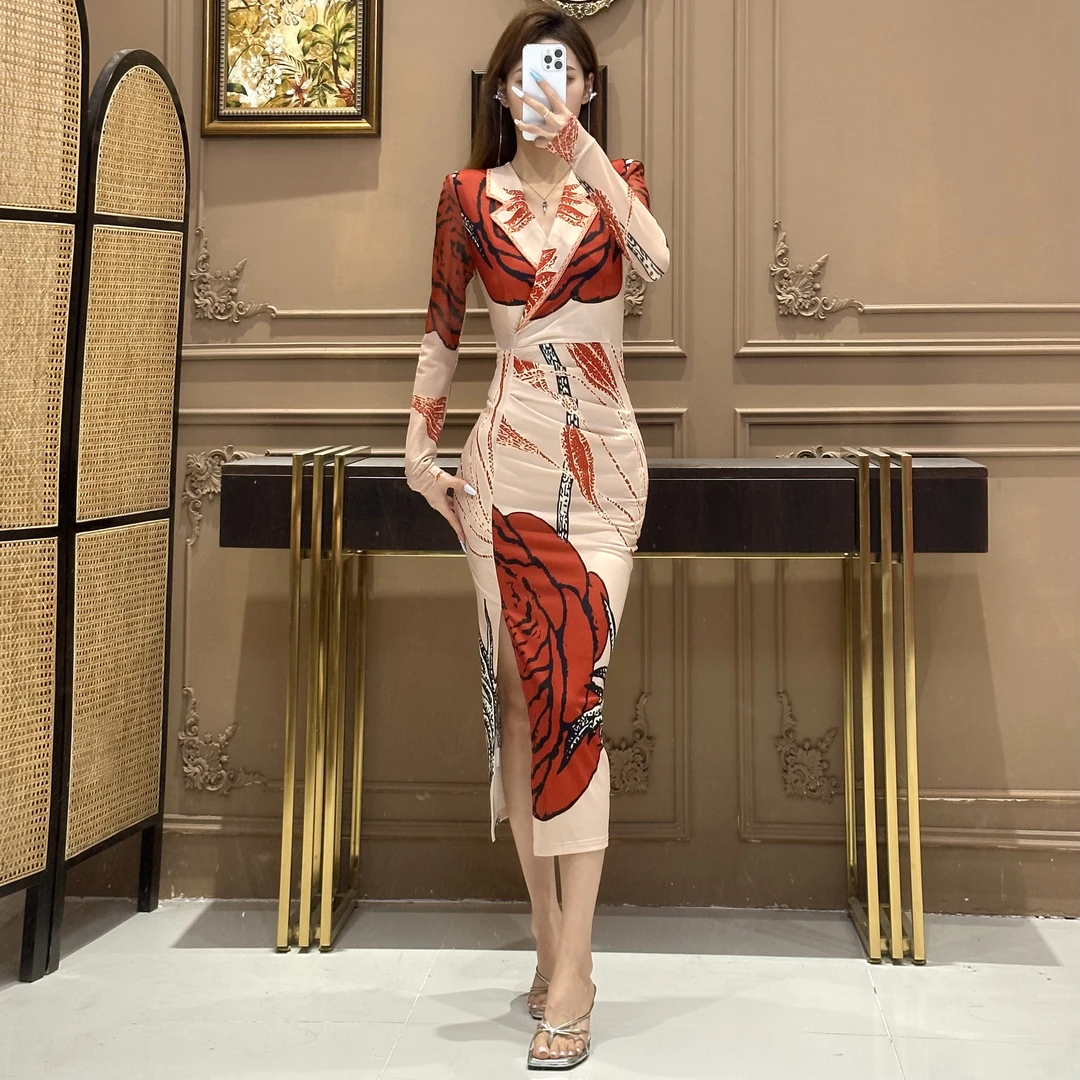 2025春夏款网纱西装领长袖定位花花季岁月修身百搭开衩连衣裙长裙