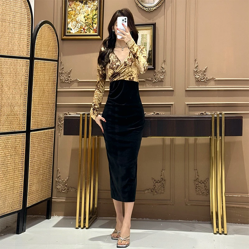 气质女人味轻奢V领长袖丝绒拼接夏梦炎炎包身时尚百搭长款连衣裙