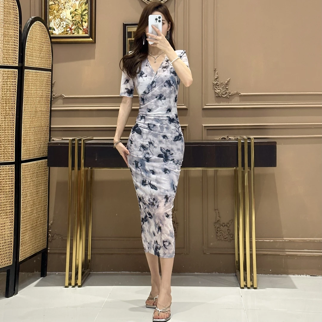 2025春夏款网纱中袖雾岛听风显瘦修身时尚百搭网纱包身连衣裙长裙