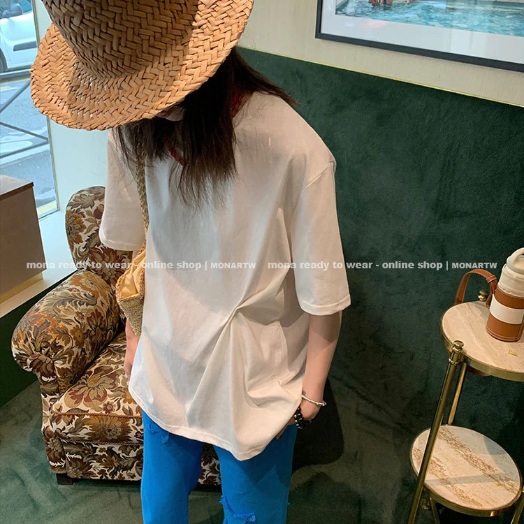 MONA 爽肤棉 黑白色纯色宽松短袖T恤上衣女小个子 2024夏季新款