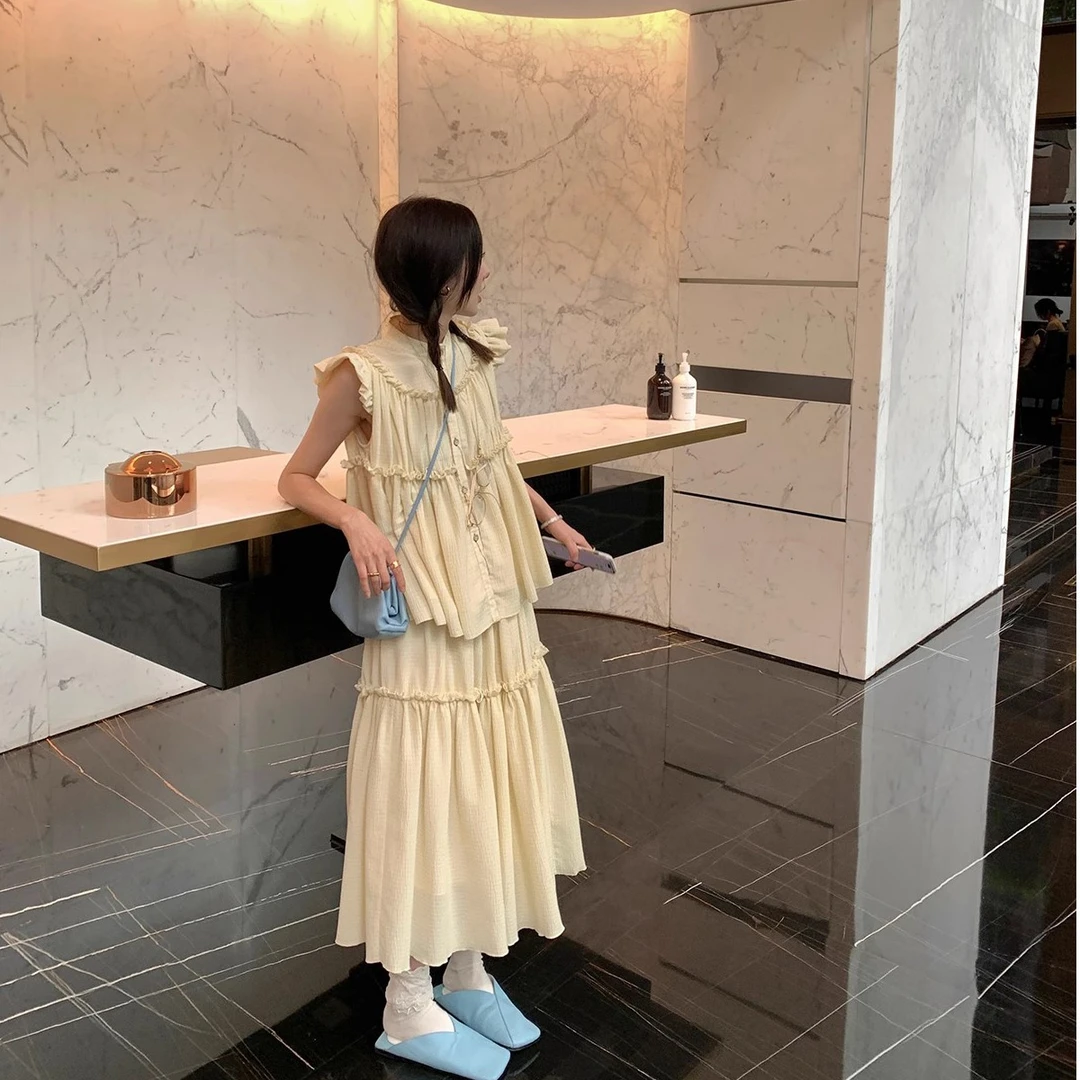 Gtt家 褶皱小飞袖衬衫蛋糕半身裙套装女夏季设计感小众两件套