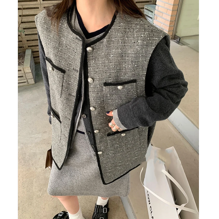 MONA 小香风20羊毛粗花呢复古 设计感小众马甲女春秋外穿2024新款