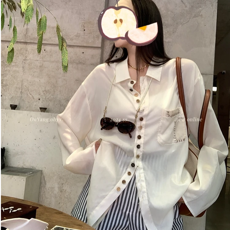 区区欧阳天丝衬衫女夏季薄款长袖防晒白色衬衣设计感小众宽松上衣