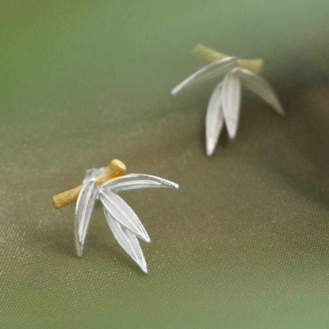 925银耳饰 拉丝系列「风拂竹叶」国风植物国潮纯简约古风气质银耳钉