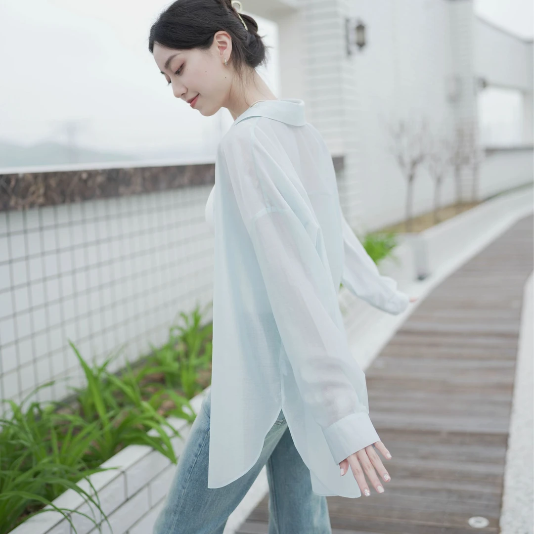 PATENA【慵懒夏日】薄款白色贝壳扣中长款衬衫天丝上衣高能感衬衣