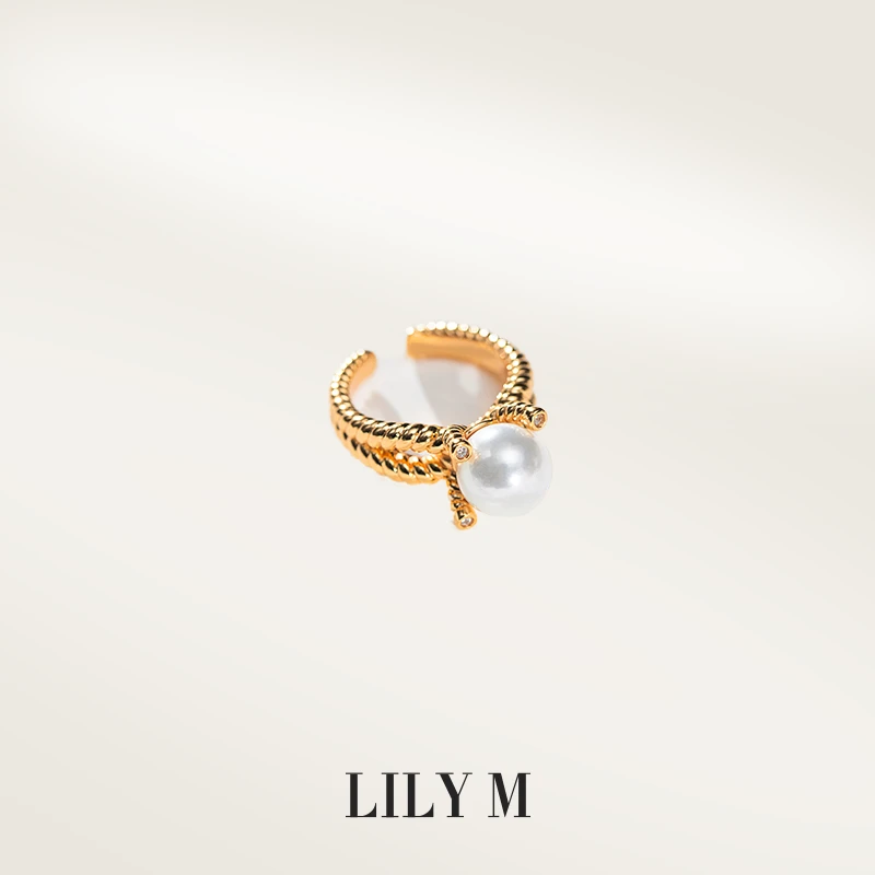 925银仿珍珠戒指 「LILY M」麻花珍珠戒指 高级质感小众螺纹调节银