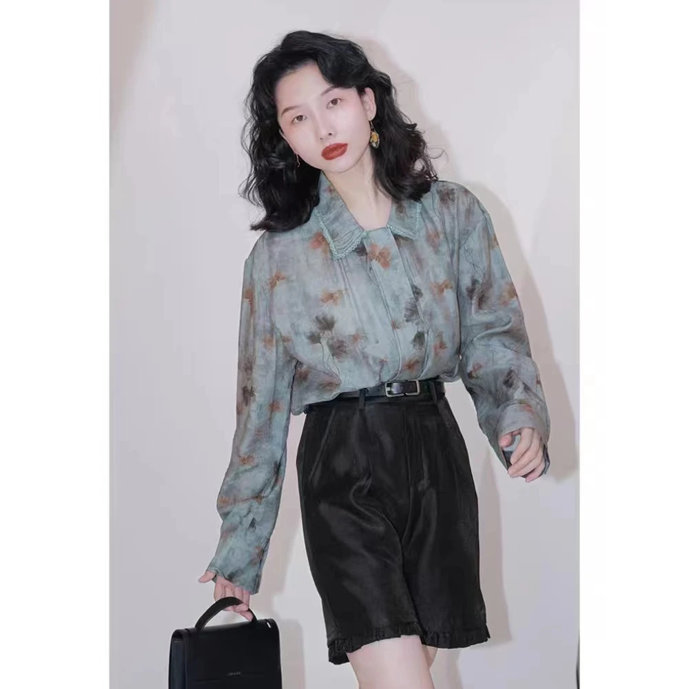 IVY YANG（回馈款）复古港风印花气质翻领衬衣女宽松休闲衬衫上衣