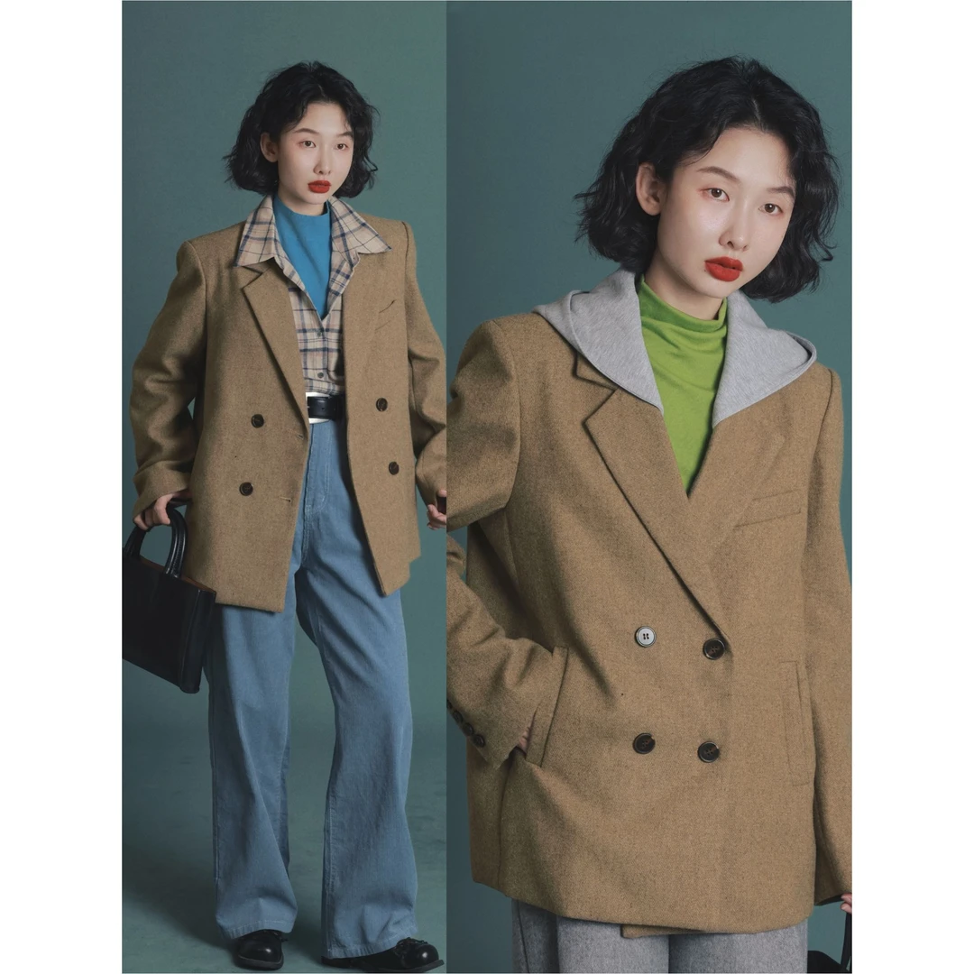 IVY YANG帽子可拆卸毛呢西装外套女秋冬复古宽松百搭休闲西服上衣