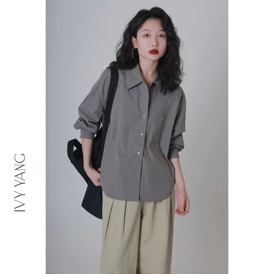 IVY YANG莫代尔棉经典翻领口袋质感衬衫女秋宽松简约休闲挺括衬衣