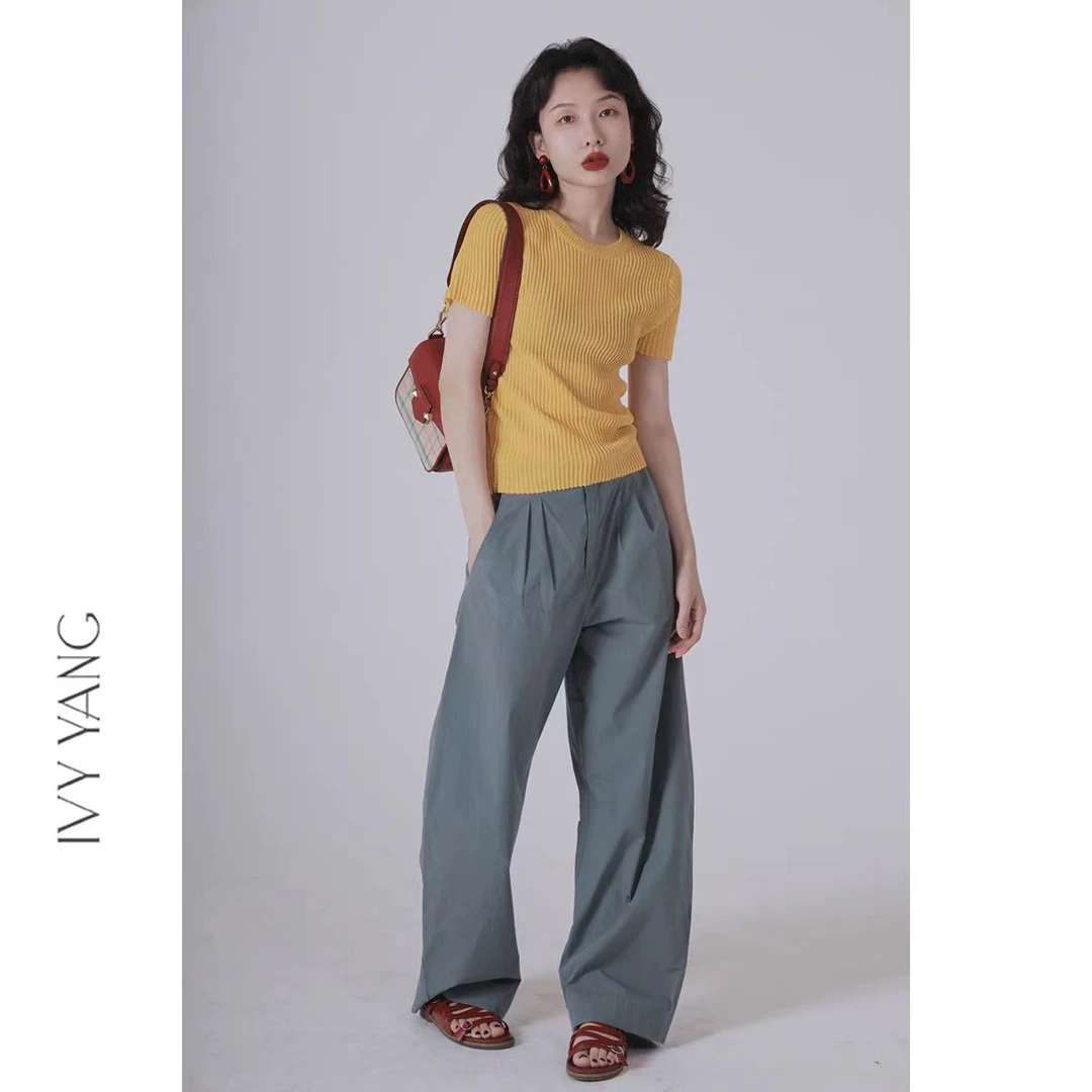 IVY YANG（回馈款）褶边气质通勤阔腿休闲裤夏季设计感显瘦直筒长裤