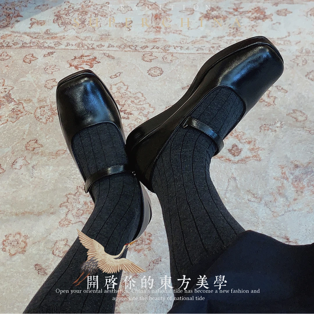 IVY YANG 定制玛丽珍法式浅口方头小皮鞋女夏复古港风一字带单鞋