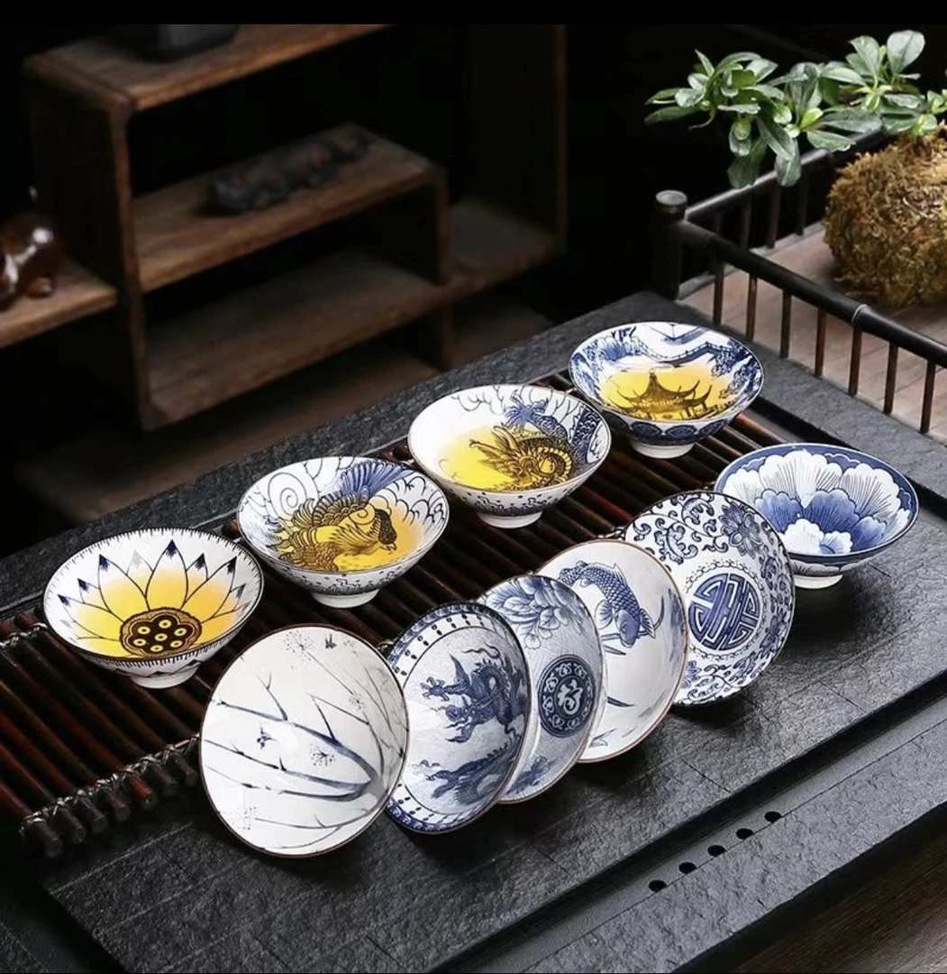 青花斗笠杯四杯家用蓝色陶瓷复古和风