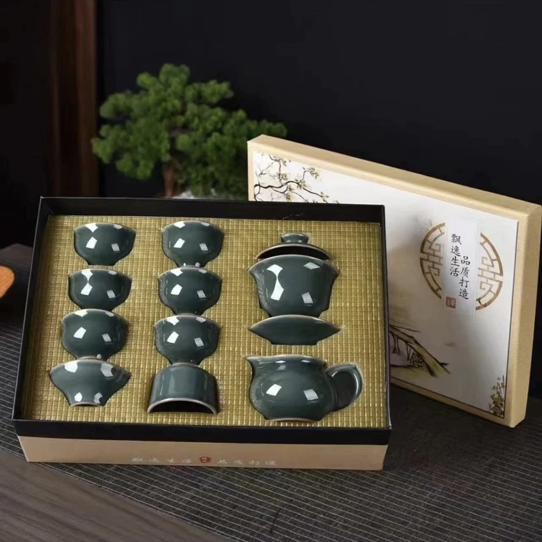 蜜色哥窑开片可养家用茶具礼盒装手工高档中式精美色釉瓷盖碗简约