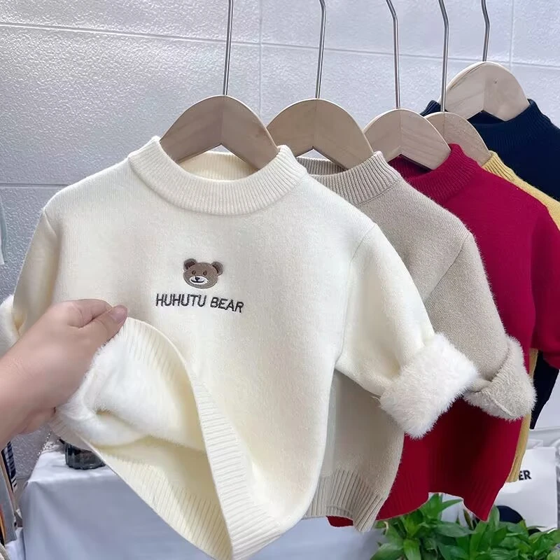 儿童一体绒宝宝新款打底半高领毛衣针织衫秋冬加绒套头男女童上衣