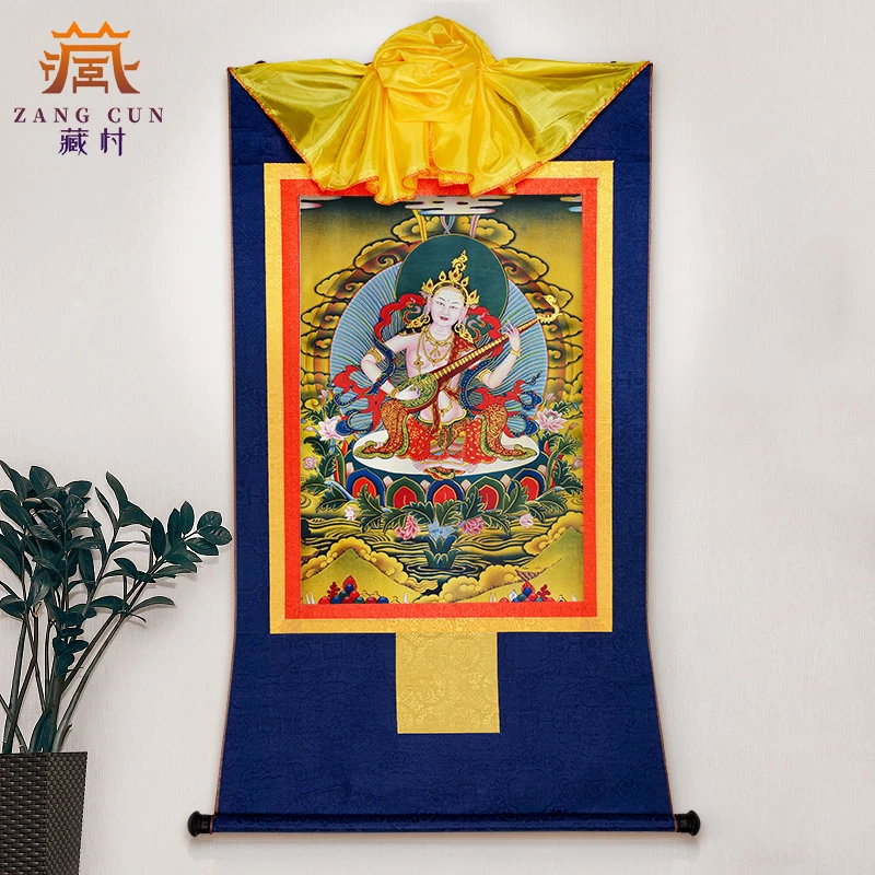 藏村《妙音画像镀金唐卡》西藏藏式唐卡挂画 家居客厅唐卡装饰画