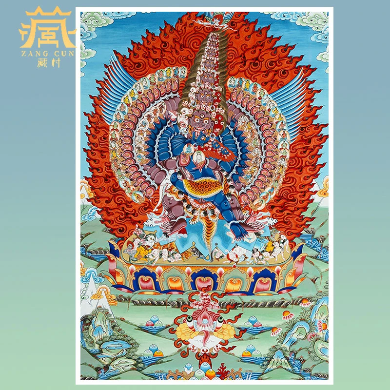 藏村《八大法行 黑努嘎唐卡挂画》矿物颜料画心玄关现代客厅装饰画