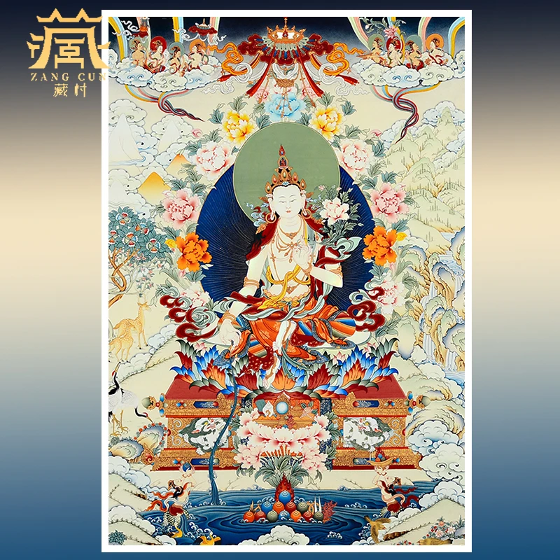 藏村《静息观音唐卡挂画》居家玄关客厅装饰画现代艺术实木挂壁画