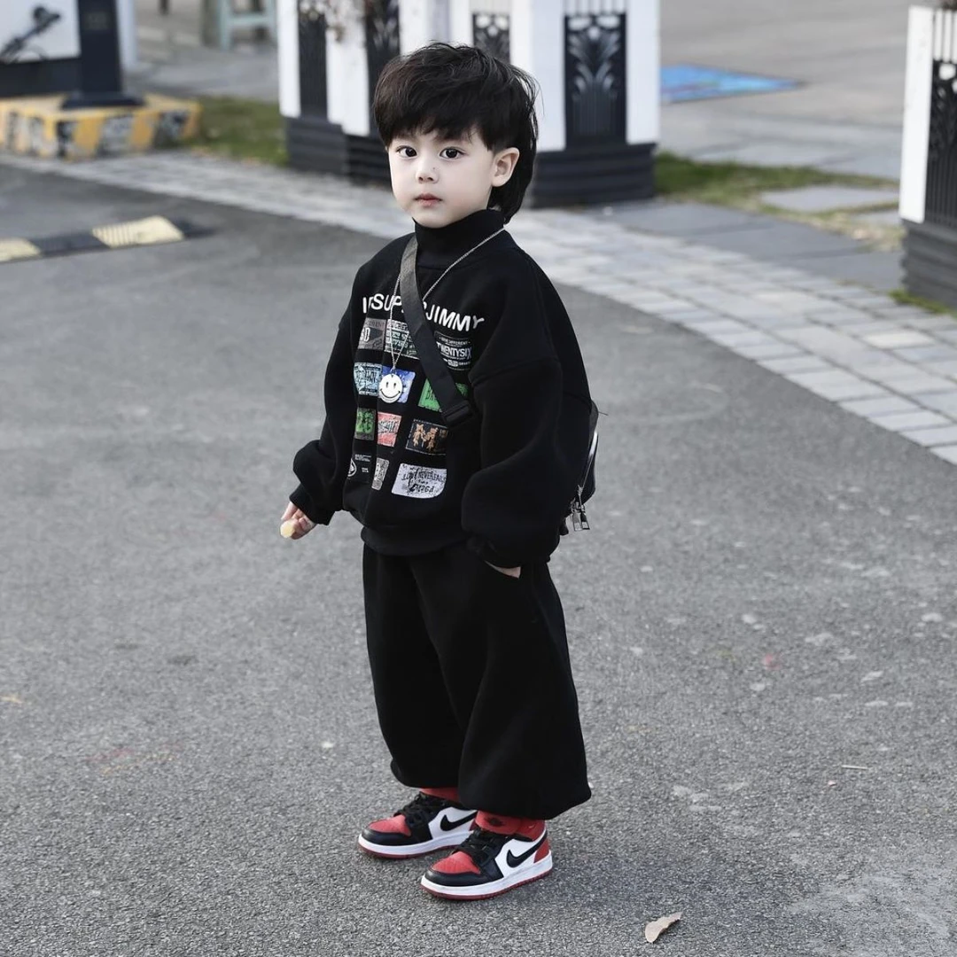 儿童加绒套装2024冬季新品宝宝休闲童装男女童韩版加厚两件套潮范