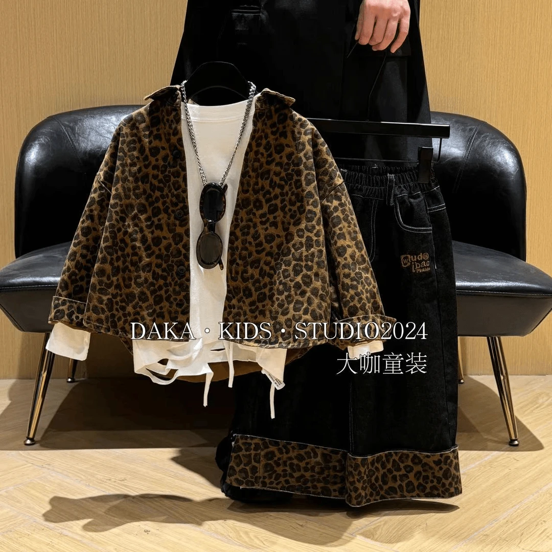 男童春秋豹纹外套2025新款儿童韩版夹克中小童装帅气牛仔裤两件套