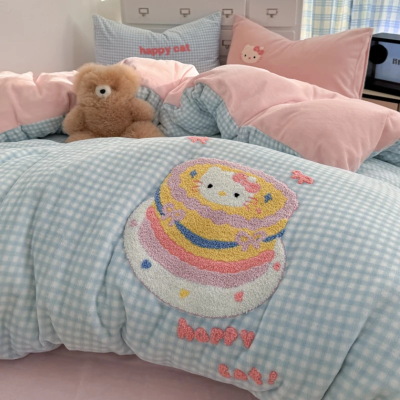 可爱蛋糕猫牛奶绒四件套冬季加厚双面绒床单被套少女心学生三件套