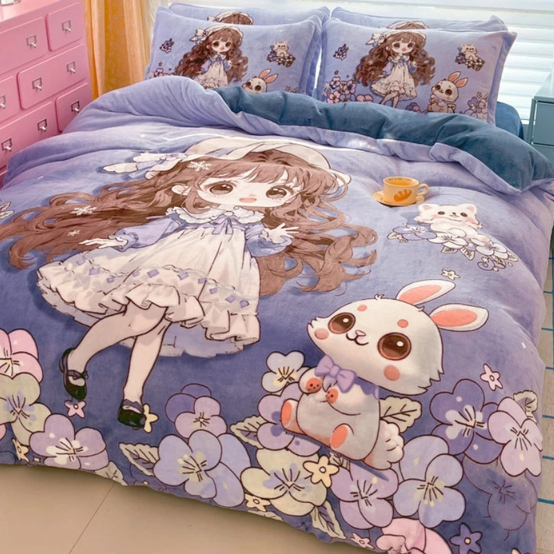 卡通加厚牛奶绒四件套冬季可爱女孩双面绒床单被套毛绒被罩三件套