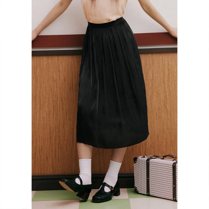 诗篇宽松显瘦松紧腰钉珠设计感学院雪纺大摆裙半身裙夏6C63250085