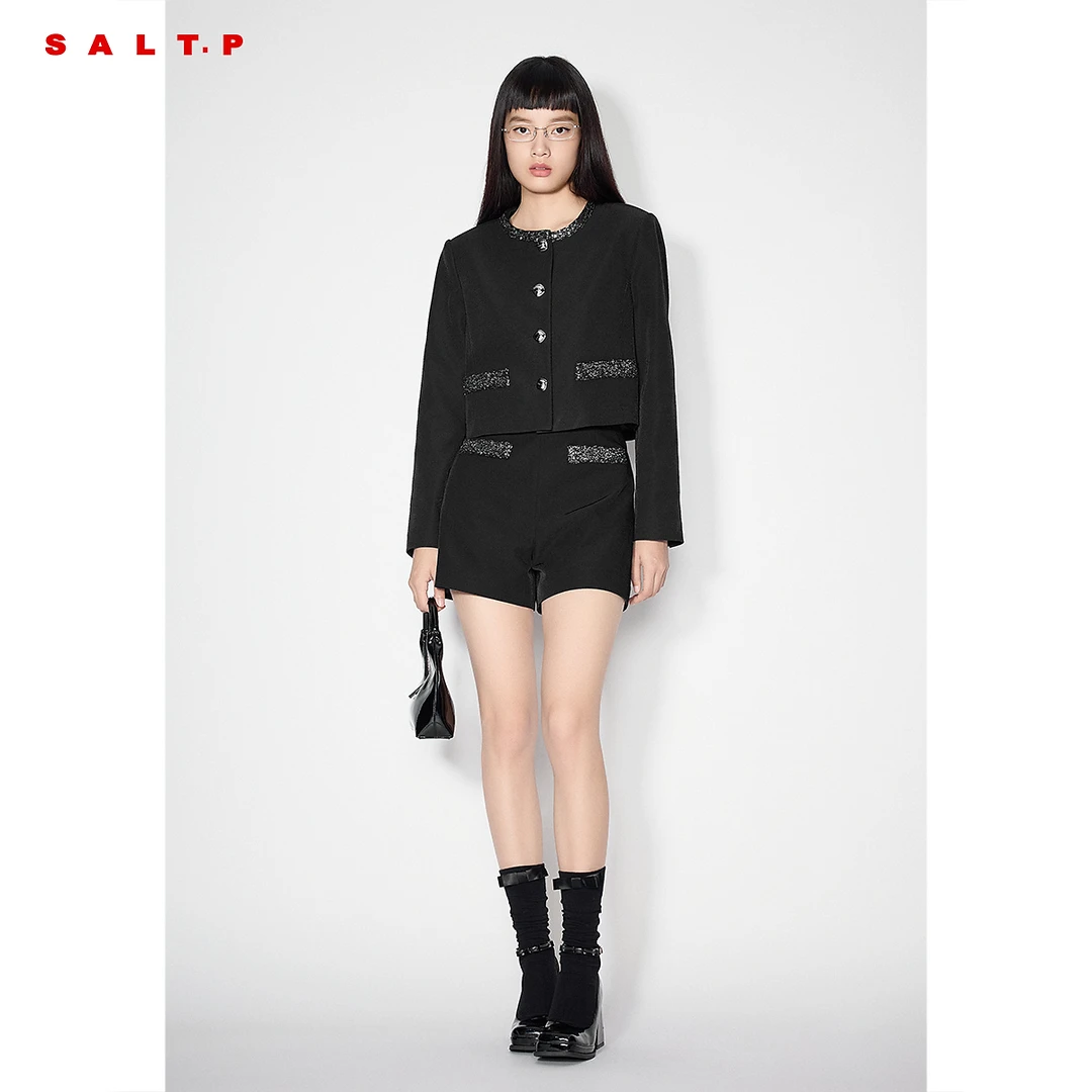 SALT.P可颜玫瑰香材质精致亮片H型圆领短外套女2025春季新款