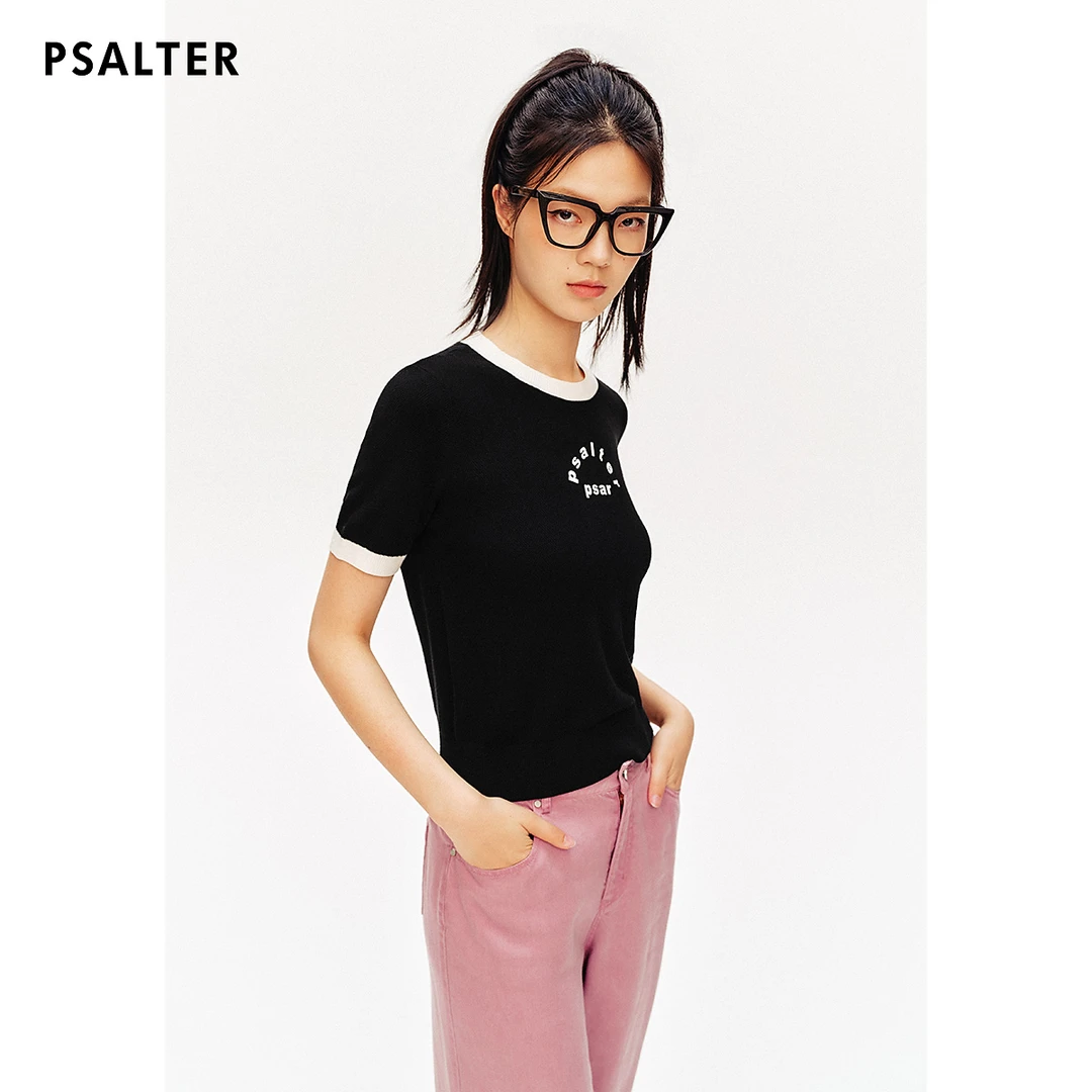 【铜氨丝】诗篇专选字母滴胶印花撞色圆领学院风针织衫夏