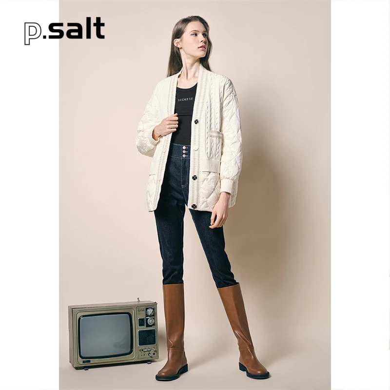 可颜女装秋季宽松v领针织拼接白鸭绒外套羽绒服6J52308160