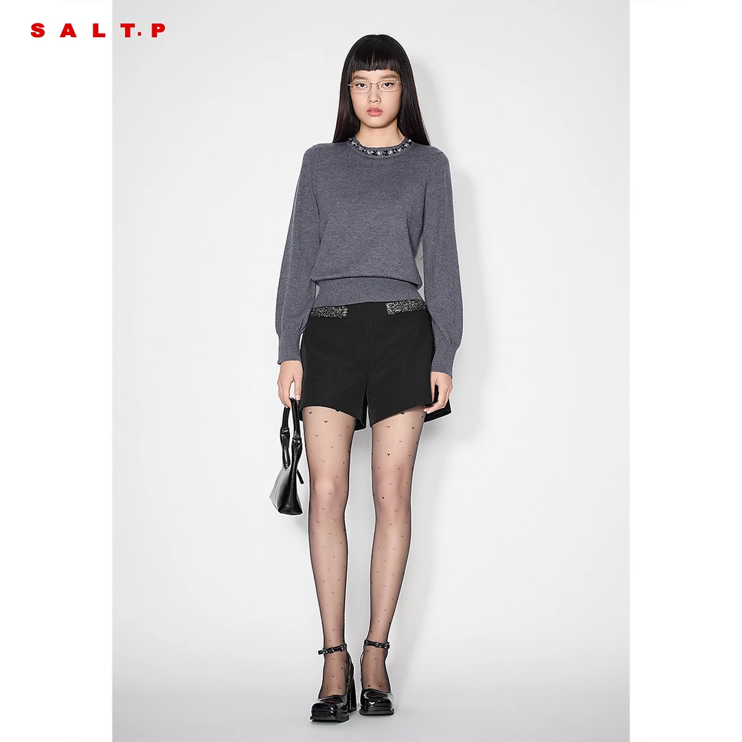 SALT.P可颜简约灰色圆领钉珠套头收腰显瘦毛织衫女2025春季新款