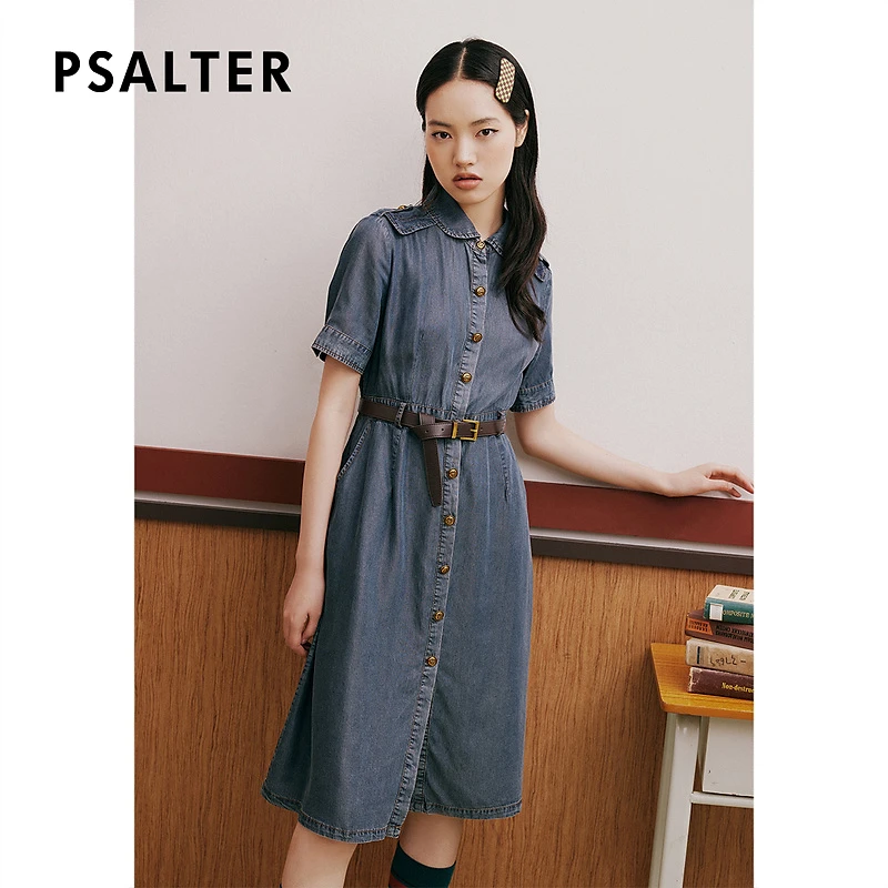 【天丝】诗篇专选100%莱赛尔牛仔翻领收腰显瘦衬衫裙连衣裙夏