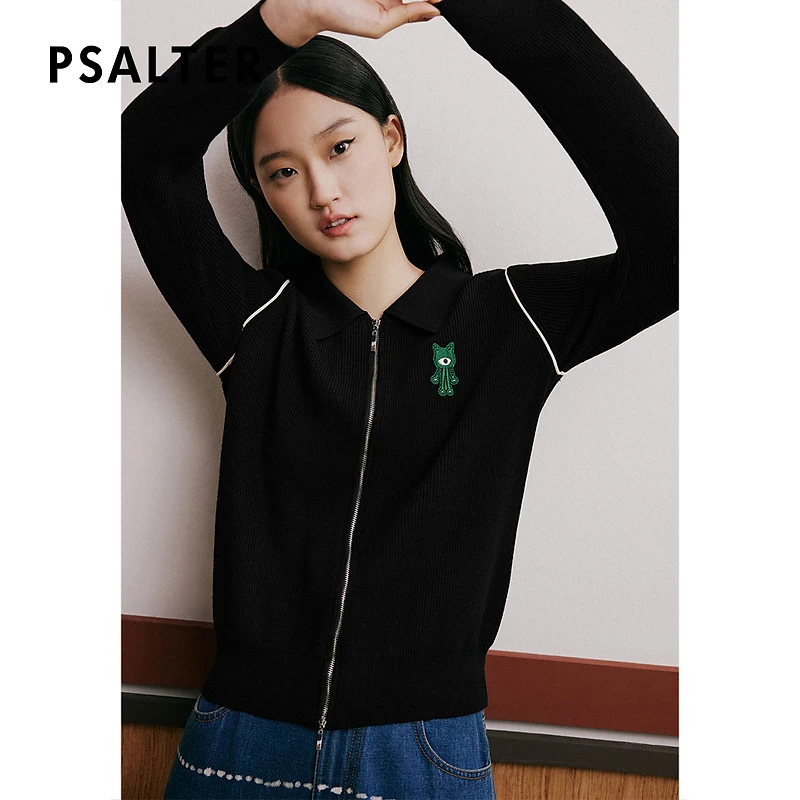 [智性学院风]诗篇专选卡通刺绣条纹肌理翻领减龄拉链开衫针织衫春