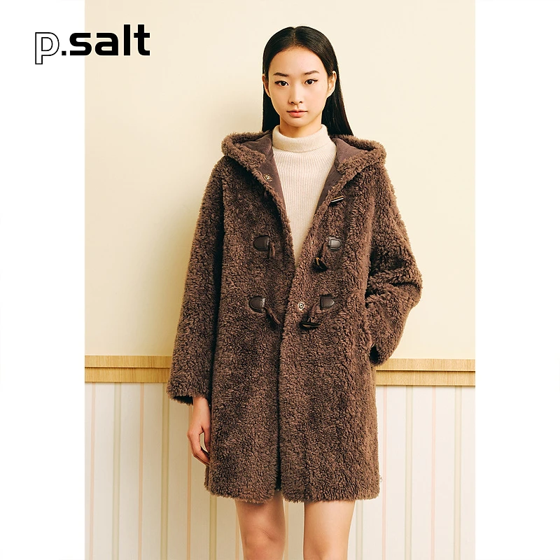 可颜加绒女装冬季连帽羊剪绒毛绒泰迪熊大衣外套AC53510180