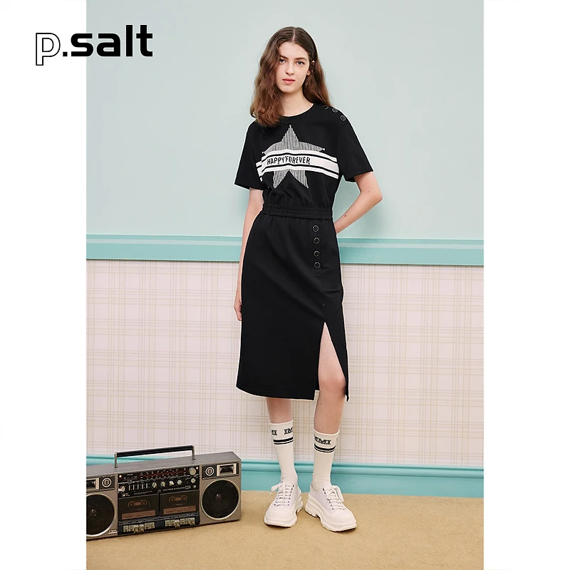 可颜宽松圆领字母条纹假两件甜辣潮酷t恤裙连衣裙夏6J53260156