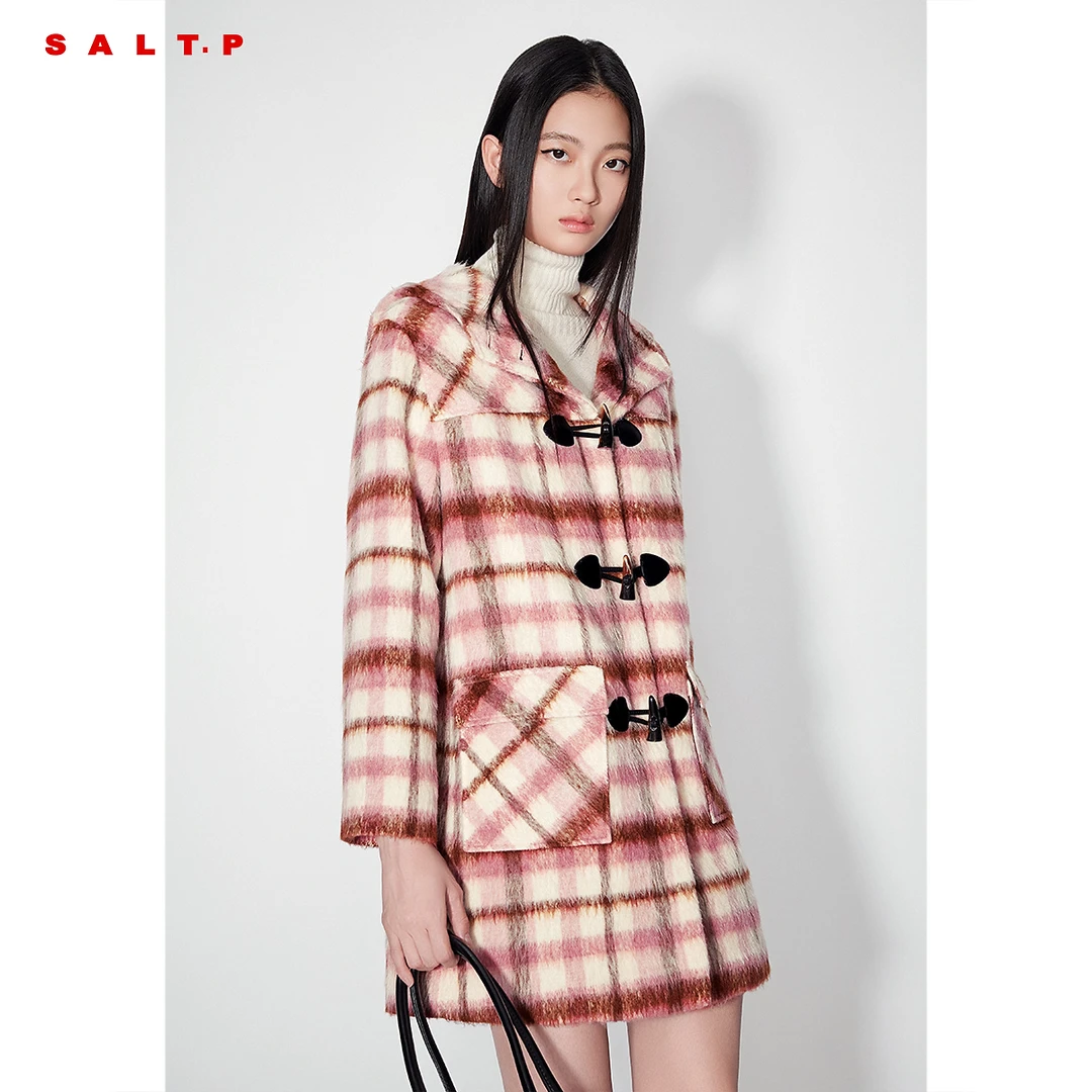 SALT.P可颜维希格纹牛角扣复古撞色连帽毛呢外套冬