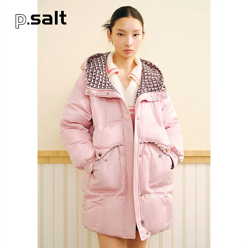 【本场特价】可颜正反两面穿印花中长连帽白鸭绒羽绒服冬AC33508108