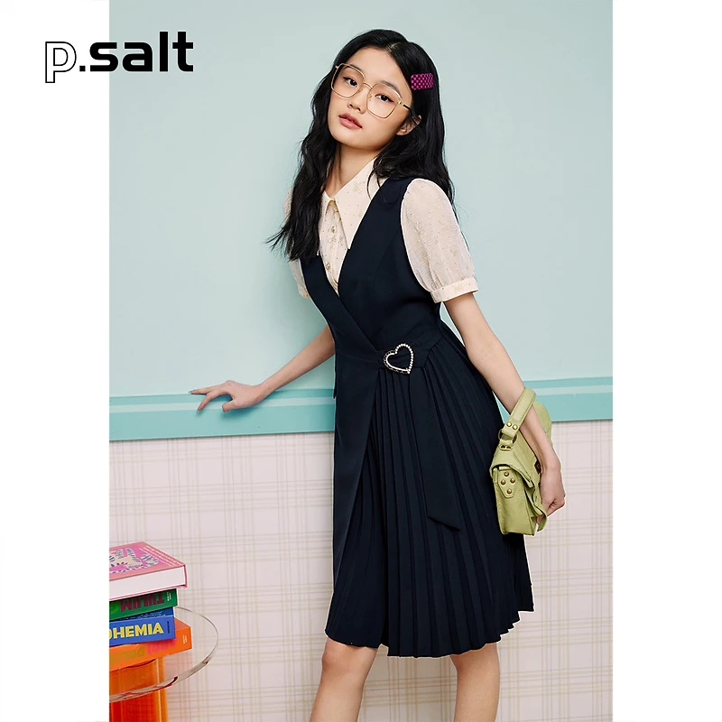 可颜女装夏季印花假两件学院风压褶通勤风连衣裙AC53205710