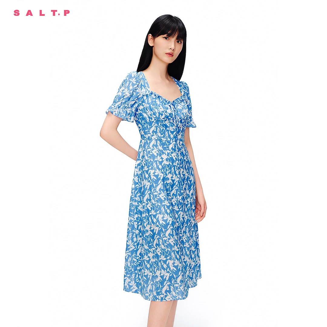 [桑蚕丝]SALT.P可颜法式方领泡泡袖田园风印花连衣裙夏款