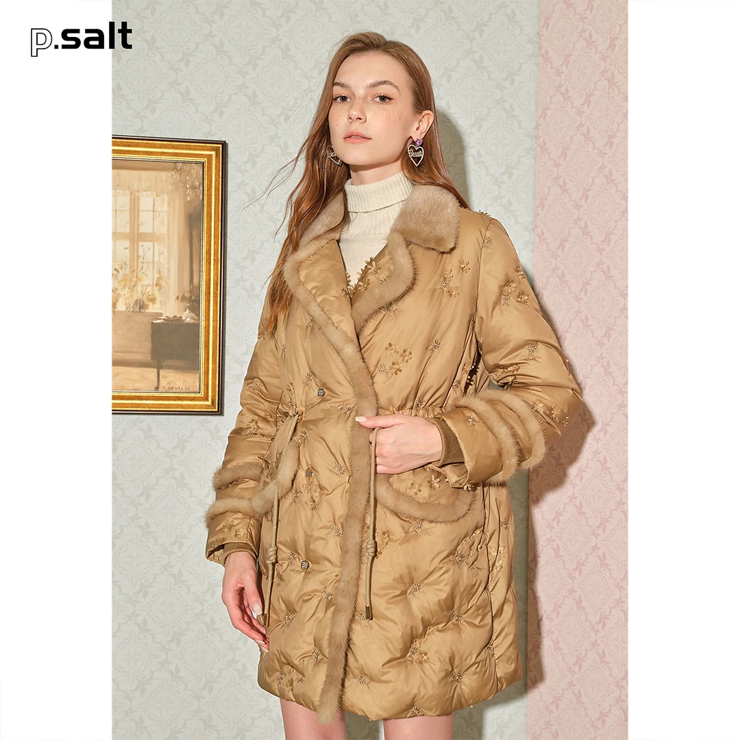 可颜保暖女装冬季宽松抽绳水貂毛领秋冬白鸭绒羽绒服AC52508160