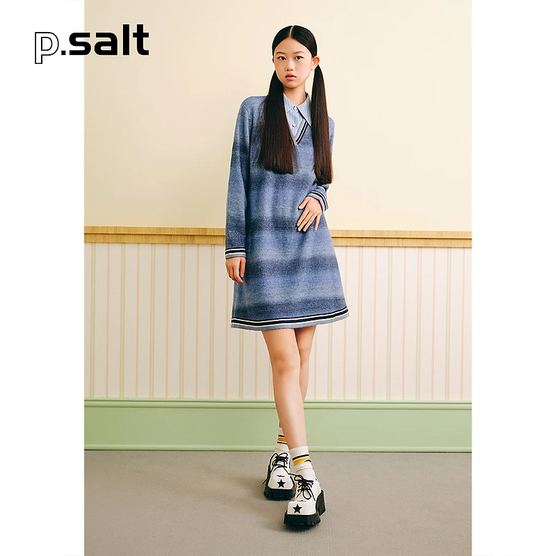可颜时尚女装冬衬衫拼接长袖学院风条纹针织裙连衣裙6J53506509